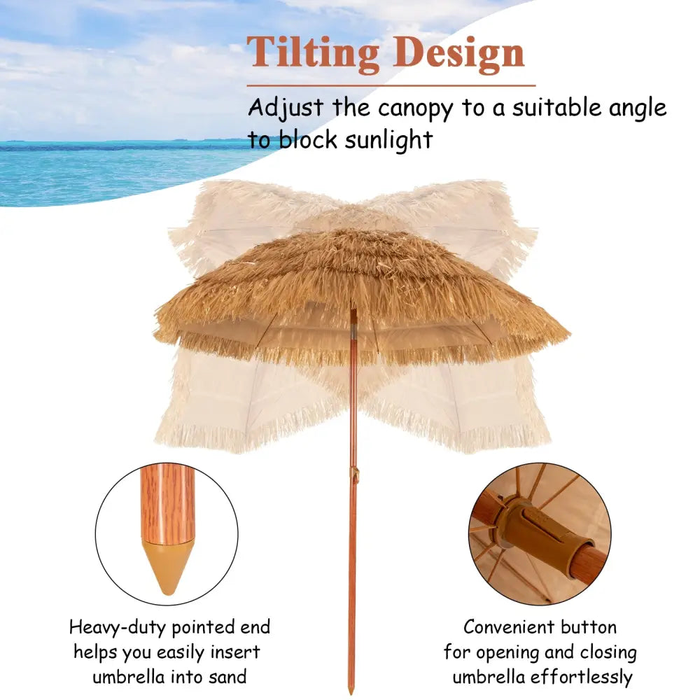 6.5 Feet Portable Thatched Tiki Beach Umbrella with Adjustable Tilt for Poolside and Backyard - Natural - Outdoor