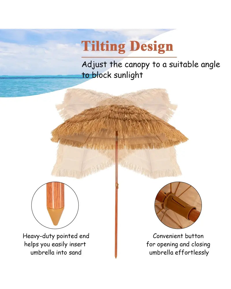 6.5 Feet Portable Thatched Tiki Beach Umbrella with Adjustable Tilt for Poolside and Backyard - Natural - Outdoor