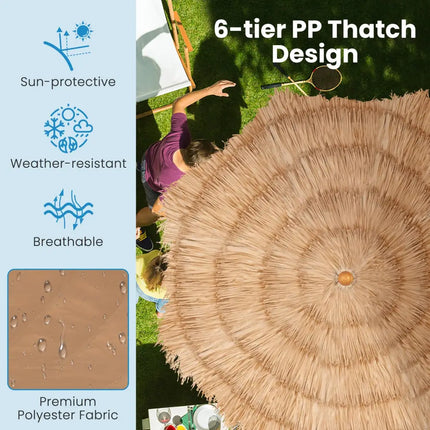 6.5 Feet Thatched Tiki Umbrella with Foldable Stand Push Button Tilt-Natural - Natural - Outdoor Umbrellas