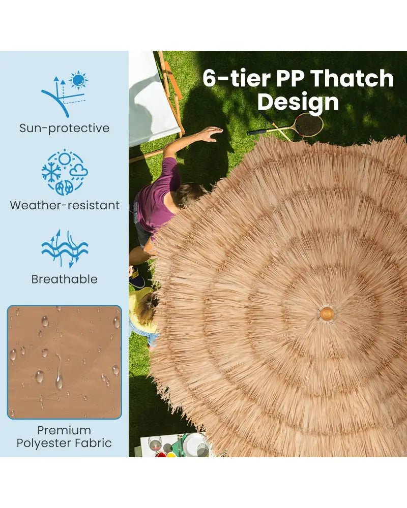 6.5 Feet Thatched Tiki Umbrella with Foldable Stand Push Button Tilt-Natural - Natural - Outdoor Umbrellas