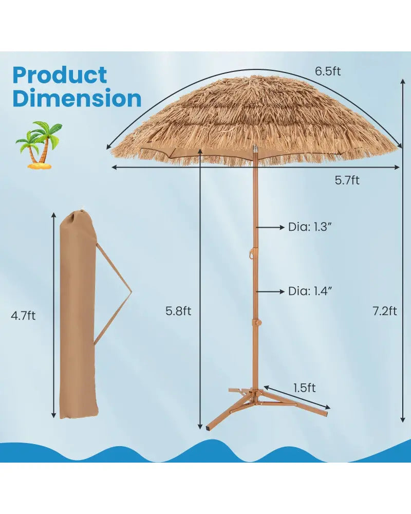 6.5 Feet Thatched Tiki Umbrella with Foldable Stand Push Button Tilt-Natural - Natural - Outdoor Umbrellas