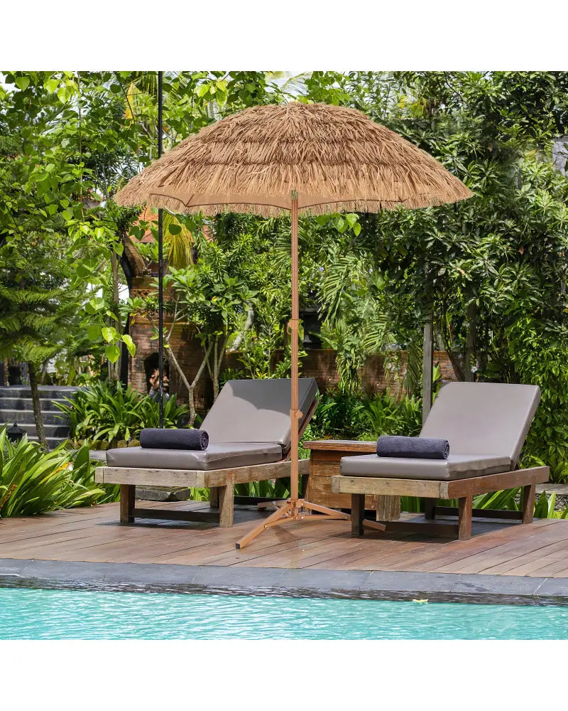 6.5 Feet Thatched Tiki Umbrella with Foldable Stand Push Button Tilt-Natural - Natural - Outdoor Umbrellas
