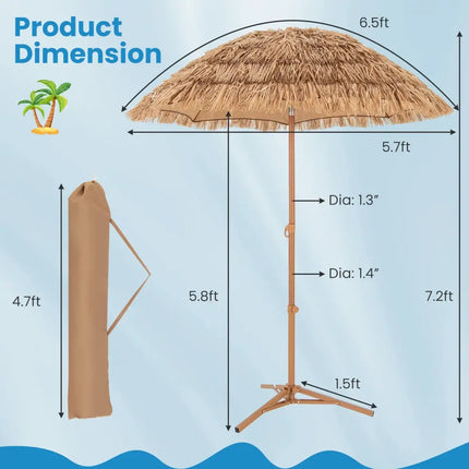6.5 Feet Thatched Tiki Umbrella with Foldable Stand Push Button Tilt-Natural - Natural - Outdoor Umbrellas