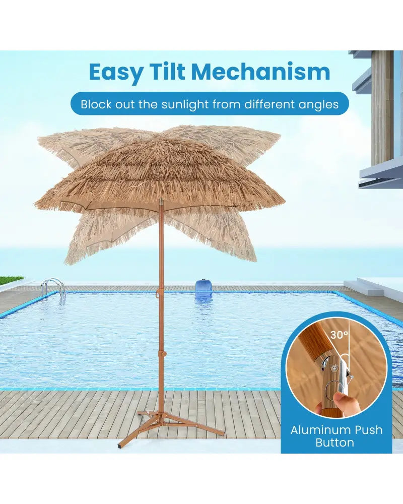 6.5 Feet Thatched Tiki Umbrella with Foldable Stand Push Button Tilt-Natural - Natural - Outdoor Umbrellas
