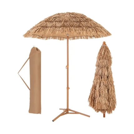 6.5 Feet Thatched Tiki Umbrella with Foldable Stand Push Button Tilt-Natural - Natural - Outdoor Umbrellas