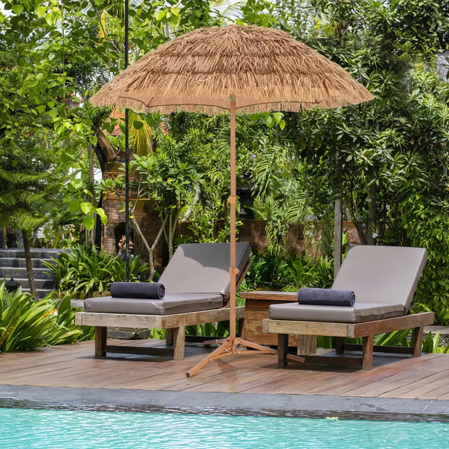 6.5 Feet Thatched Tiki Umbrella with Foldable Stand Push Button Tilt-Natural - Natural - Outdoor Umbrellas