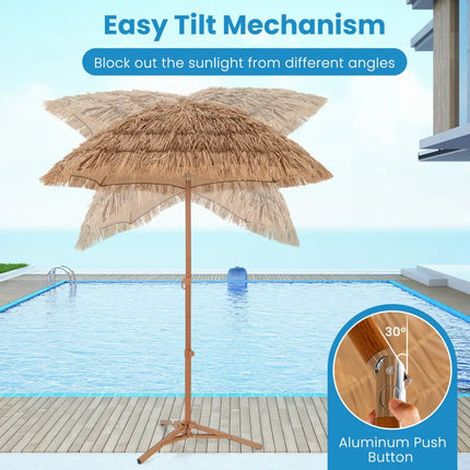 6.5 Feet Thatched Tiki Umbrella with Foldable Stand Push Button Tilt-Natural - Natural - Outdoor Umbrellas
