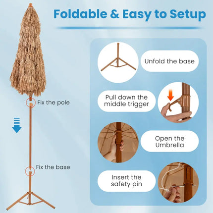 6.5 Feet Thatched Tiki Umbrella with Foldable Stand Push Button Tilt-Natural - Natural - Outdoor Umbrellas