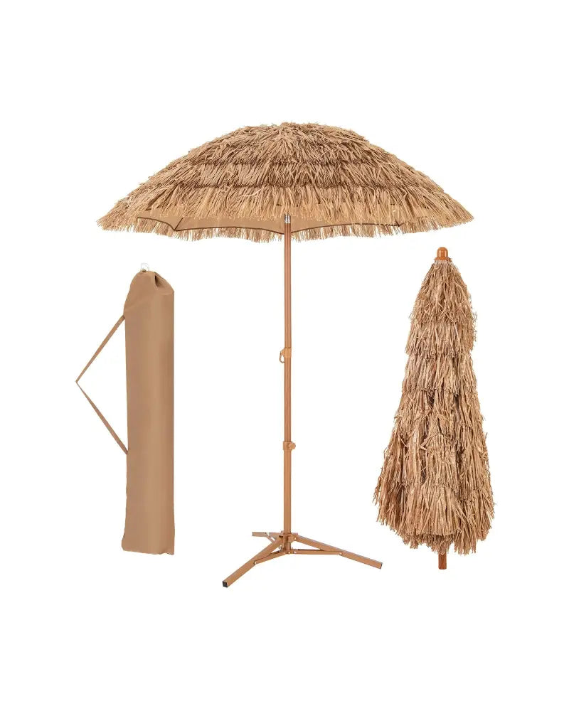 6.5 Feet Thatched Tiki Umbrella with Foldable Stand Push Button Tilt-Natural - Natural - Outdoor Umbrellas