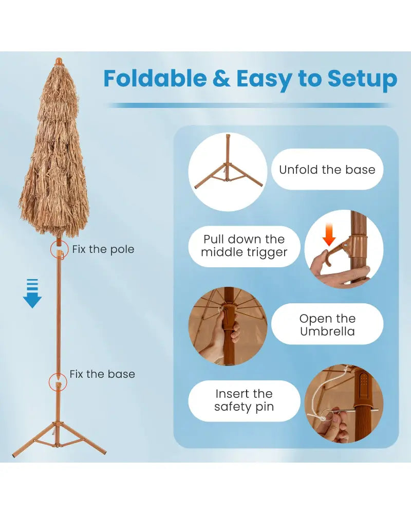 6.5 Feet Thatched Tiki Umbrella with Foldable Stand Push Button Tilt-Natural - Natural - Outdoor Umbrellas