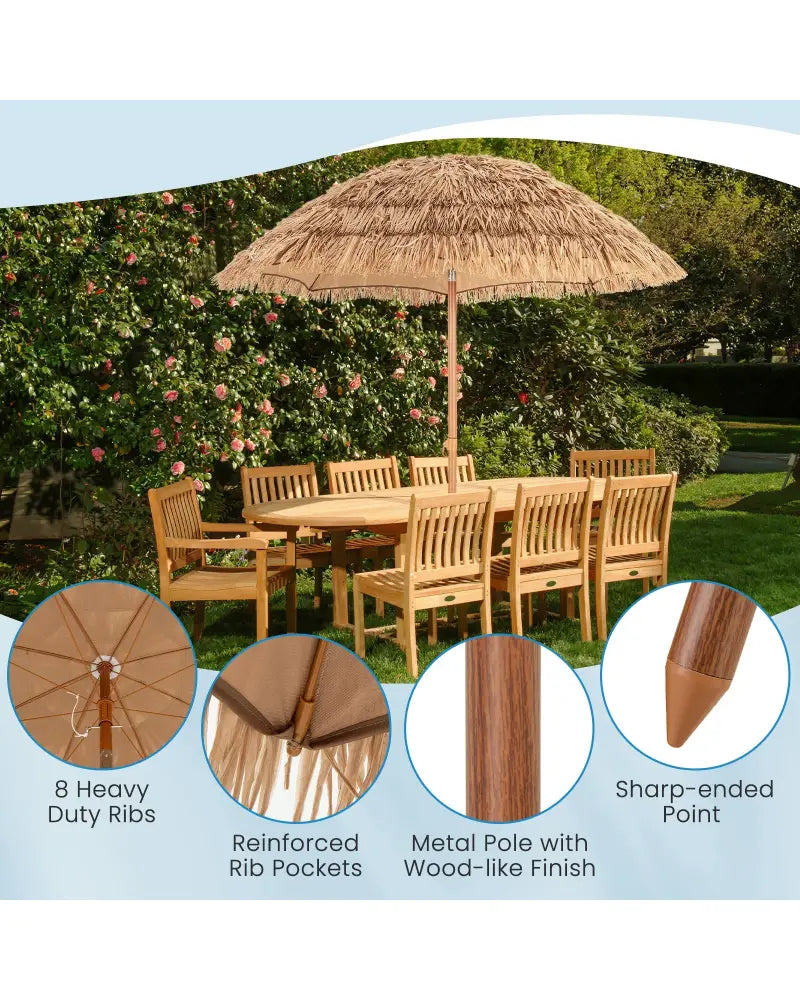 6.5 Feet Thatched Tiki Umbrella with Foldable Stand Push Button Tilt-Natural - Natural - Outdoor Umbrellas