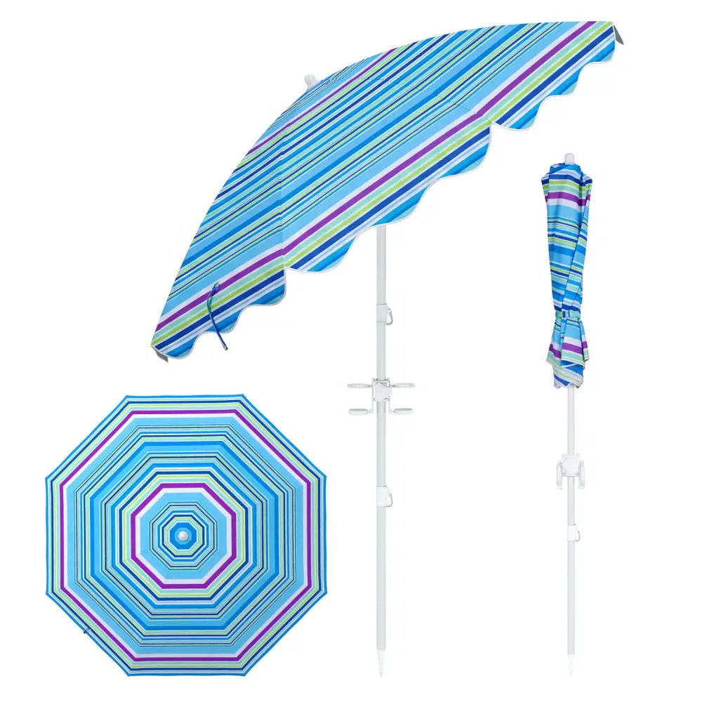 6.5 FT Beach Umbrella UPF 50+ with Sand Anchor for Garden Pool-Blue - Blue - Outdoor Umbrellas