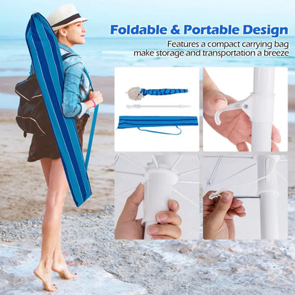 6.5 FT Beach Umbrella with Fringe Outdoor Tassel Umbrella with Push Button Tilt-Navy - Navy - Outdoor Umbrellas