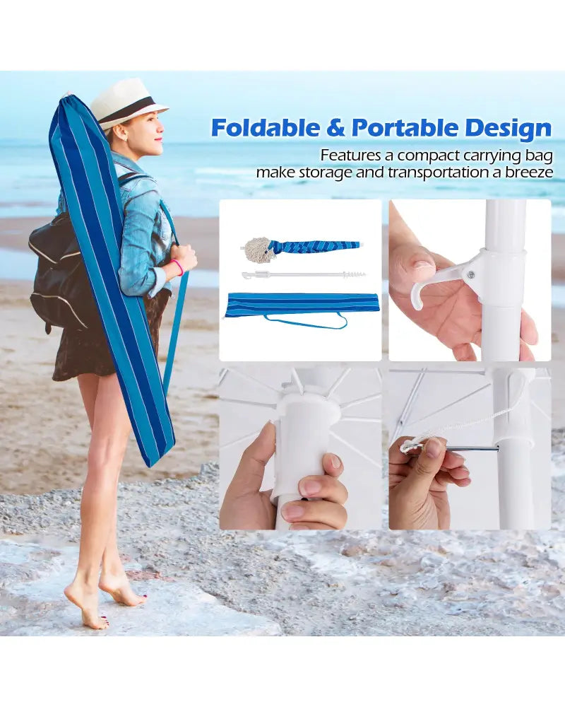 6.5 FT Beach Umbrella with Fringe Outdoor Tassel Umbrella with Push Button Tilt-Navy - Navy - Outdoor Umbrellas
