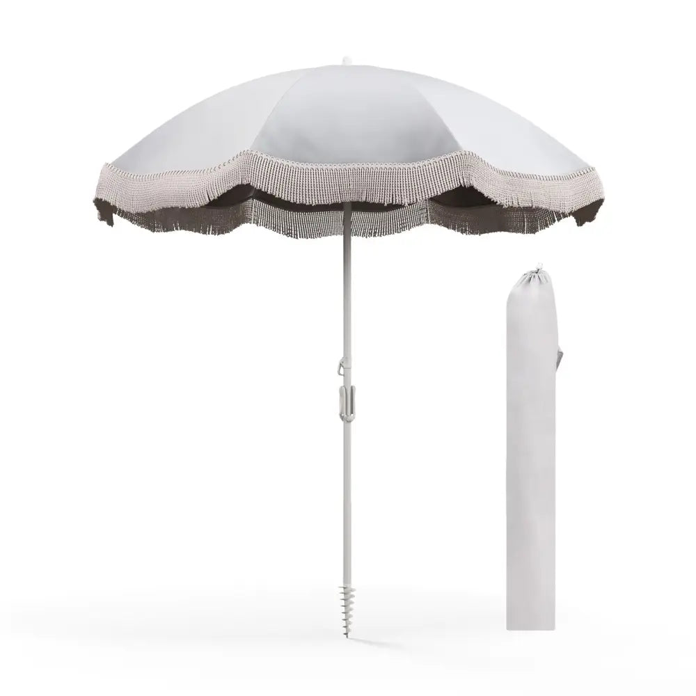 6.5 FT Beach Umbrella with Fringe Outdoor Tassel Umbrella with Push Button Tilt-White - White - Outdoor Umbrellas