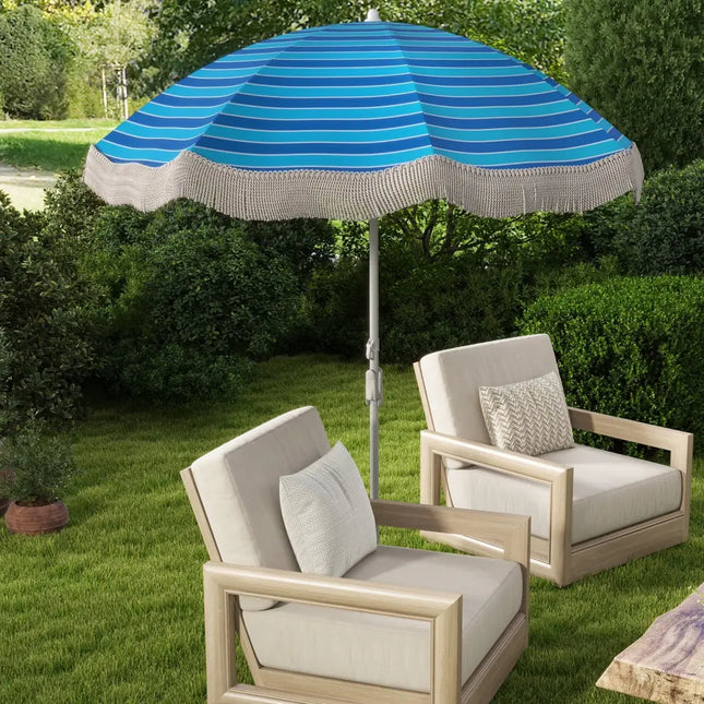 6.5 FT Beach Umbrella with Fringe Outdoor Tassel Umbrella with Push Button Tilt-Navy - Navy - Outdoor Umbrellas