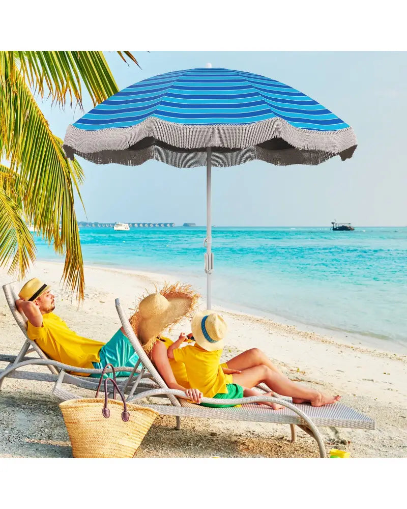 6.5 FT Beach Umbrella with Fringe Outdoor Tassel Umbrella with Push Button Tilt-Navy - Navy - Outdoor Umbrellas
