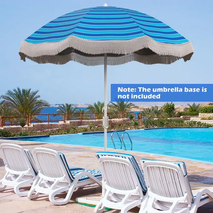 6.5 FT Beach Umbrella with Fringe Outdoor Tassel Umbrella with Push Button Tilt-Navy - Navy - Outdoor Umbrellas