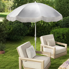 6.5 FT Beach Umbrella with Fringe Outdoor Tassel Umbrella with Push Button Tilt-White - White - Outdoor Umbrellas