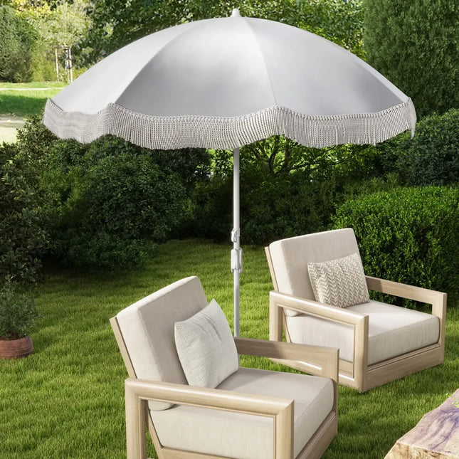 6.5 FT Beach Umbrella with Fringe Outdoor Tassel Umbrella with Push Button Tilt-White - White - Outdoor Umbrellas