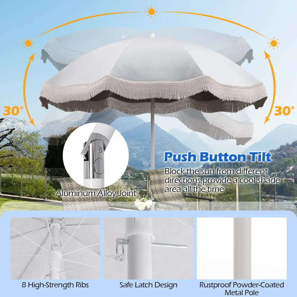 6.5 FT Beach Umbrella with Fringe Outdoor Tassel Umbrella with Push Button Tilt-White - White - Outdoor Umbrellas