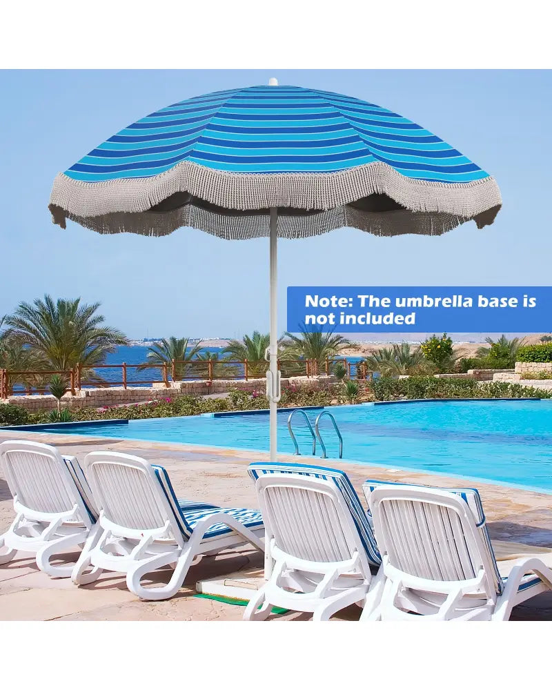 6.5 FT Beach Umbrella with Fringe Outdoor Tassel Umbrella with Push Button Tilt-Navy - Navy - Outdoor Umbrellas
