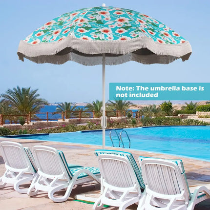 6.5 FT Beach Umbrella with Fringe Outdoor Tassel Umbrella with Push Button Tilt-Green - Green - Outdoor Umbrellas