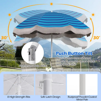 6.5 FT Beach Umbrella with Fringe Outdoor Tassel Umbrella with Push Button Tilt-Navy - Navy - Outdoor Umbrellas
