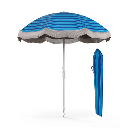 6.5 FT Beach Umbrella with Fringe Outdoor Tassel Umbrella with Push Button Tilt-Navy - Navy - Outdoor Umbrellas