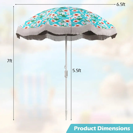6.5 FT Beach Umbrella with Fringe Outdoor Tassel Umbrella with Push Button Tilt-Green - Green - Outdoor Umbrellas
