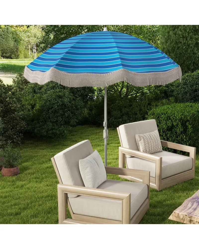 6.5 FT Beach Umbrella with Fringe Outdoor Tassel Umbrella with Push Button Tilt-Navy - Navy - Outdoor Umbrellas