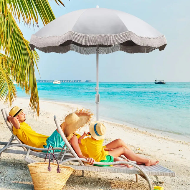 6.5 FT Beach Umbrella with Fringe Outdoor Tassel Umbrella with Push Button Tilt-White - White - Outdoor Umbrellas