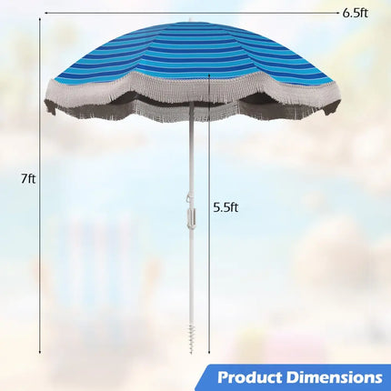 6.5 FT Beach Umbrella with Fringe Outdoor Tassel Umbrella with Push Button Tilt-Navy - Navy - Outdoor Umbrellas