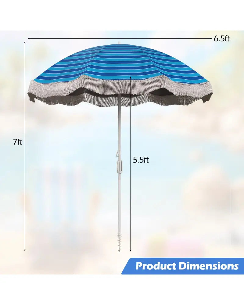 6.5 FT Beach Umbrella with Fringe Outdoor Tassel Umbrella with Push Button Tilt-Navy - Navy - Outdoor Umbrellas