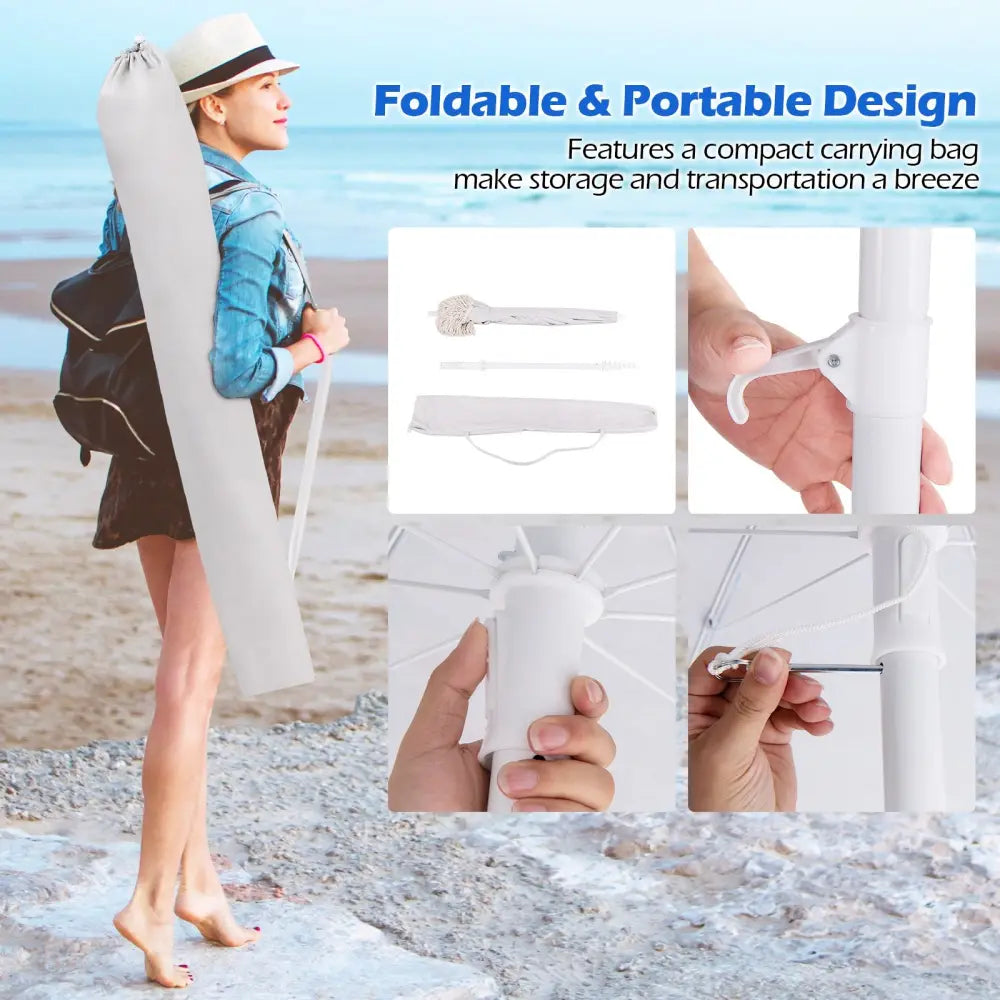 6.5 FT Beach Umbrella with Fringe Outdoor Tassel Umbrella with Push Button Tilt-White - White - Outdoor Umbrellas