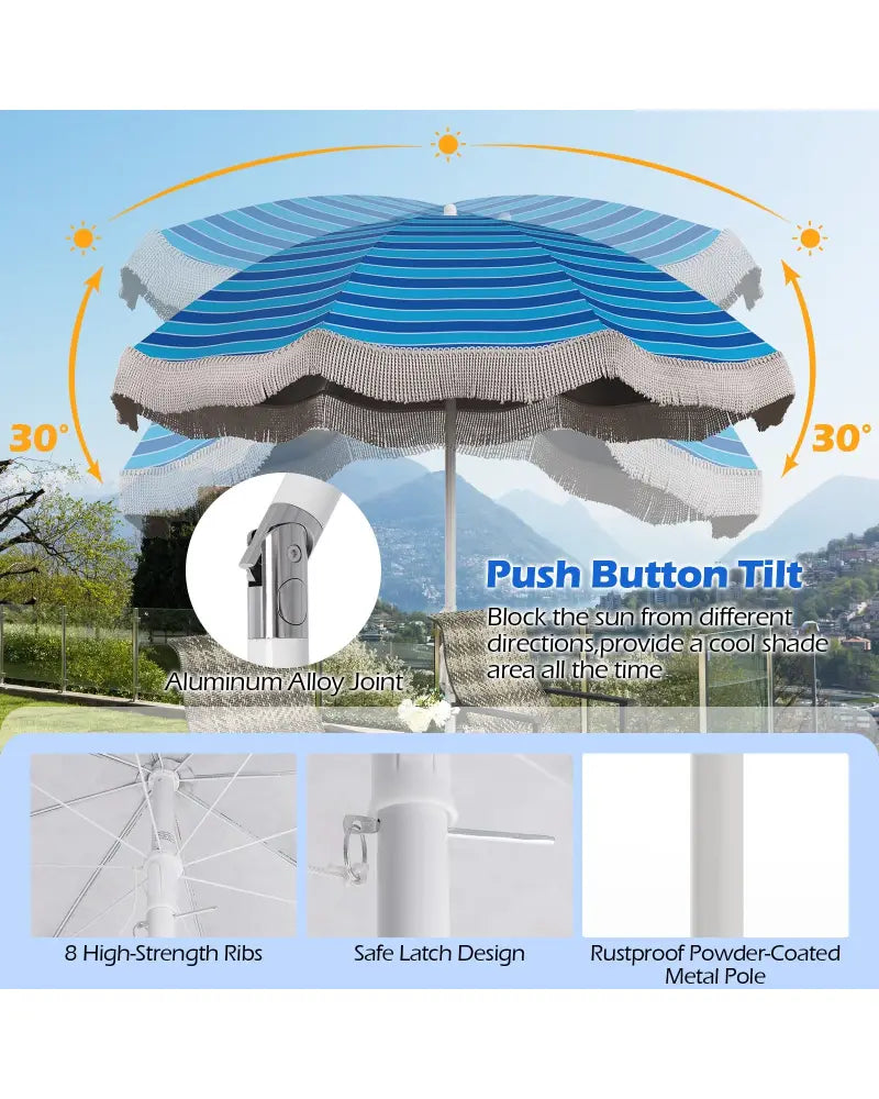 6.5 FT Beach Umbrella with Fringe Outdoor Tassel Umbrella with Push Button Tilt-Navy - Navy - Outdoor Umbrellas