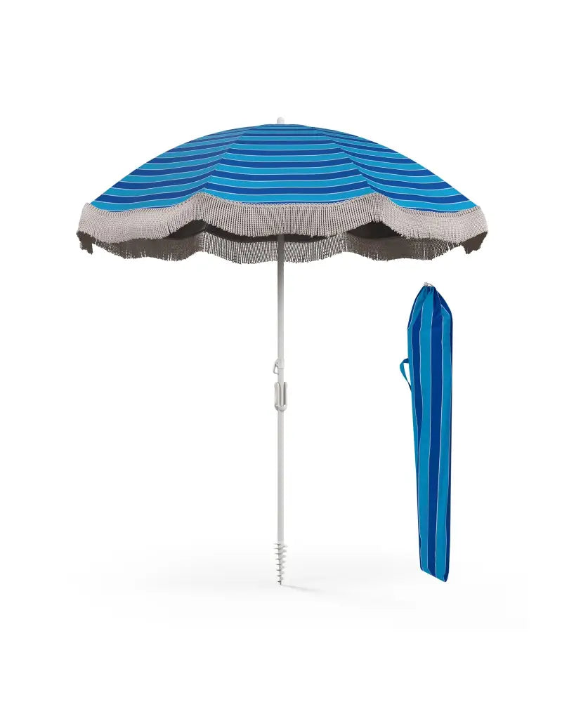 6.5 FT Beach Umbrella with Fringe Outdoor Tassel Umbrella with Push Button Tilt-Navy - Navy - Outdoor Umbrellas