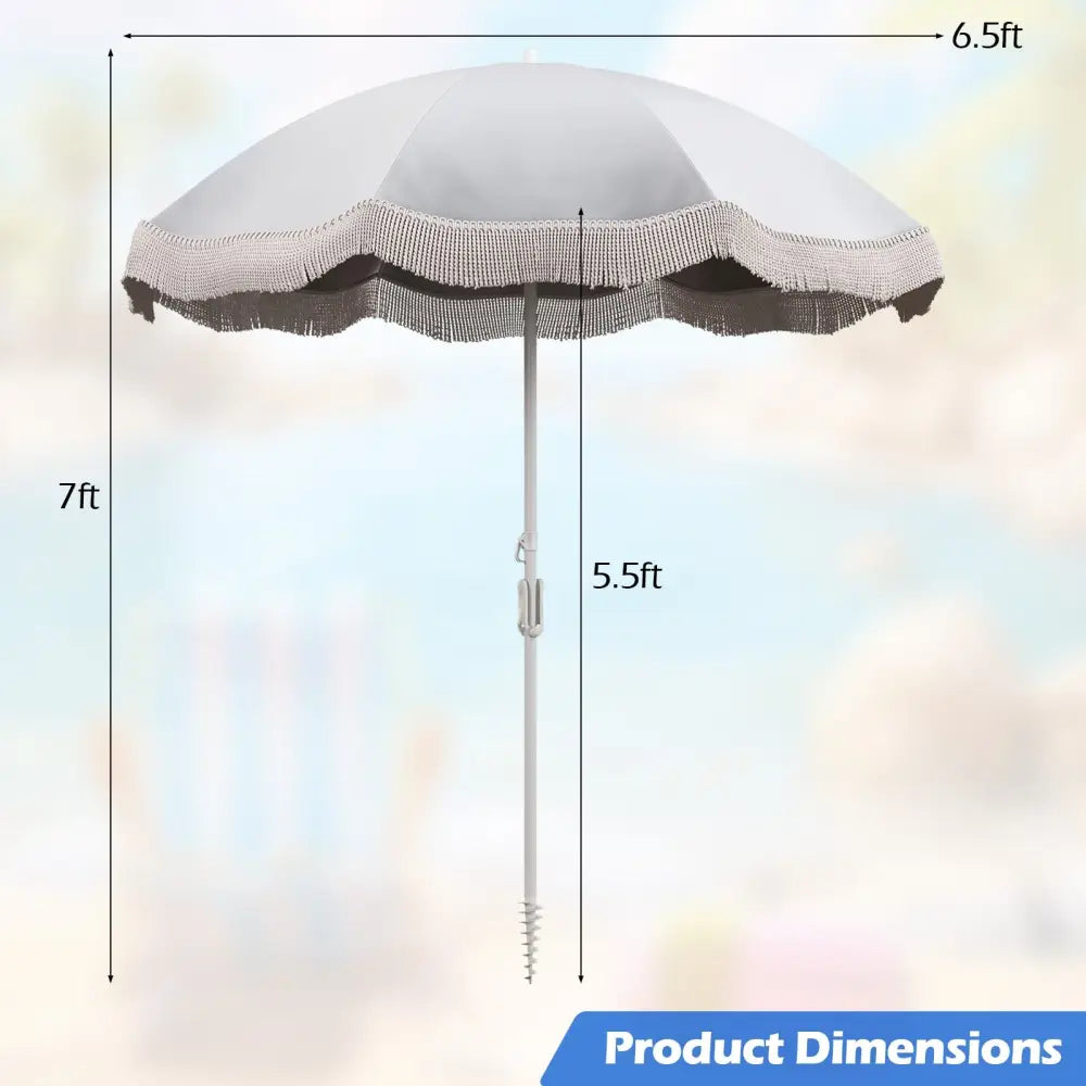 6.5 FT Beach Umbrella with Fringe Outdoor Tassel Umbrella with Push Button Tilt-White - White - Outdoor Umbrellas