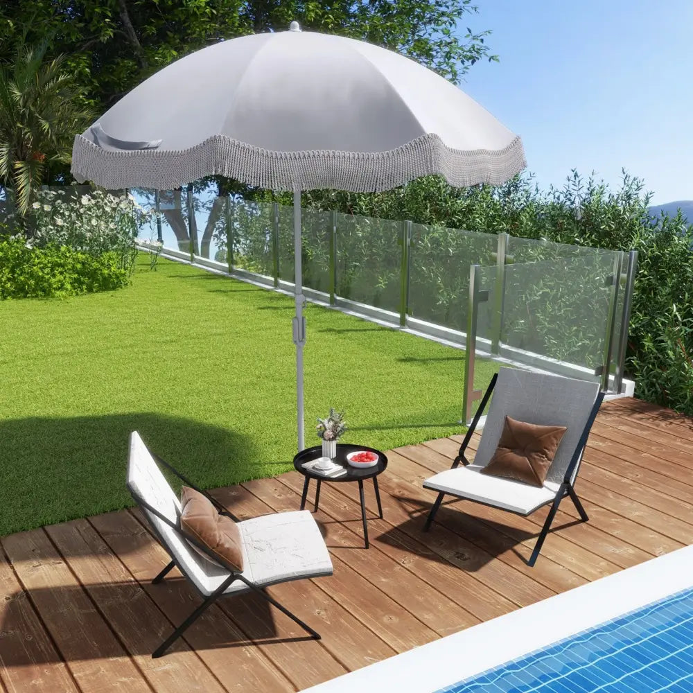 6.5 FT Beach Umbrella with Fringe Outdoor Tassel Umbrella with Push Button Tilt-White - White - Outdoor Umbrellas