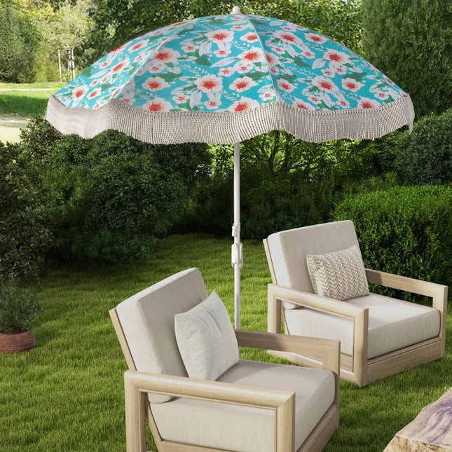 6.5 FT Beach Umbrella with Fringe Outdoor Tassel Umbrella with Push Button Tilt-Green - Green - Outdoor Umbrellas