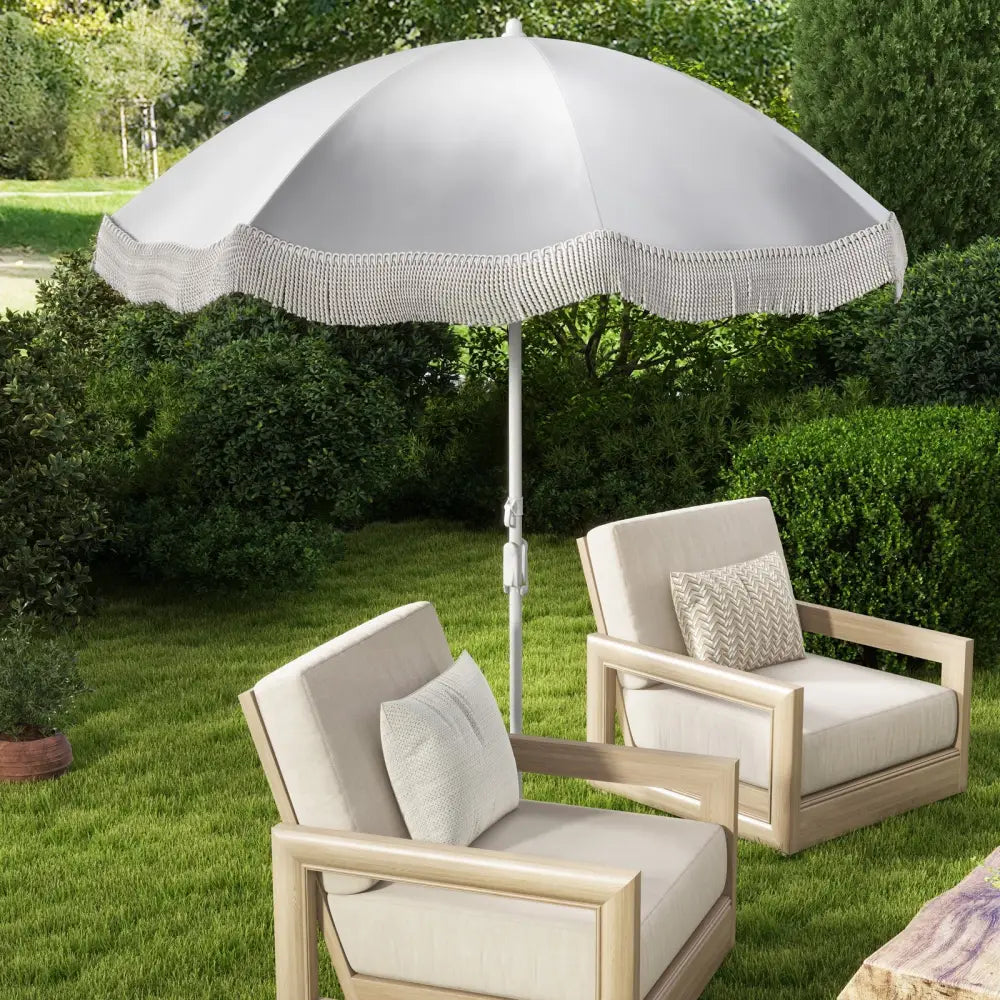 6.5 FT Beach Umbrella with Fringe Outdoor Tassel Umbrella with Push Button Tilt-White - White - Outdoor Umbrellas