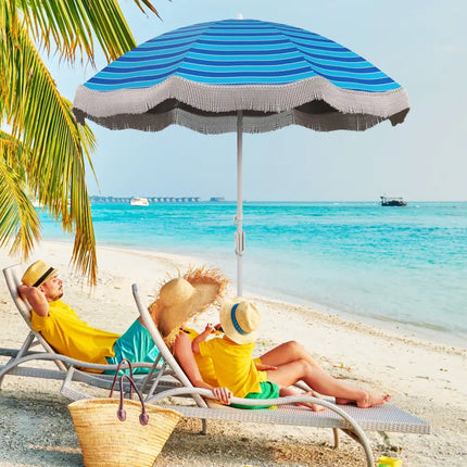6.5 FT Beach Umbrella with Fringe Outdoor Tassel Umbrella with Push Button Tilt-Navy - Navy - Outdoor Umbrellas