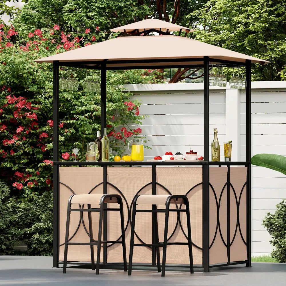 6.5 x 4 x 8 FT Grill Gazebo Set with 2 Bar Stools and Bar Table-Brown - Brown - Patio Bar Furniture