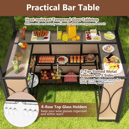 6.5 x 4 x 8 FT Grill Gazebo Set with 2 Bar Stools and Bar Table-Brown - Brown - Patio Bar Furniture