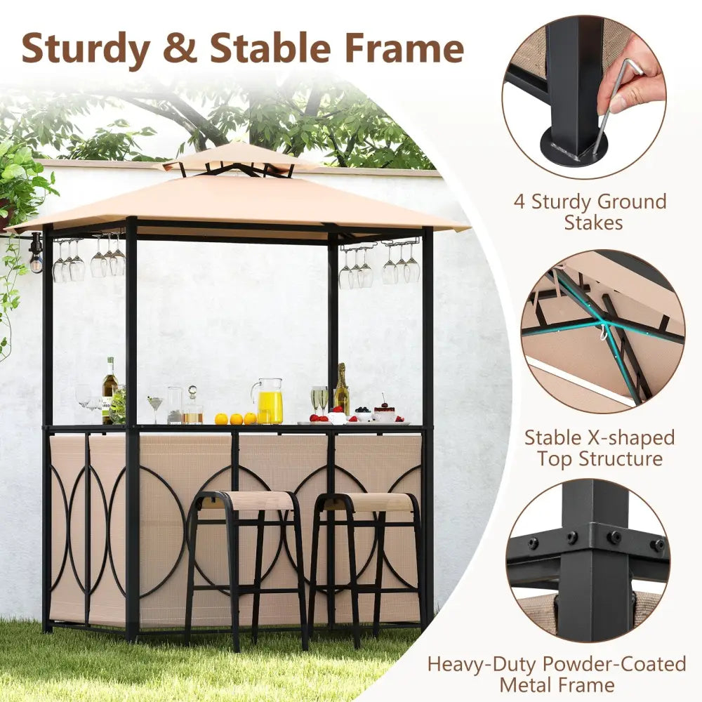 6.5 x 4 x 8 FT Grill Gazebo Set with 2 Bar Stools and Bar Table-Brown - Brown - Patio Bar Furniture
