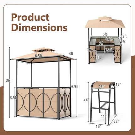 6.5 x 4 x 8 FT Grill Gazebo Set with 2 Bar Stools and Bar Table-Brown - Brown - Patio Bar Furniture