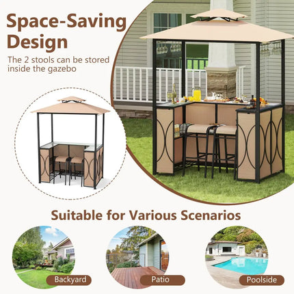 6.5 x 4 x 8 FT Grill Gazebo Set with 2 Bar Stools and Bar Table-Brown - Brown - Patio Bar Furniture