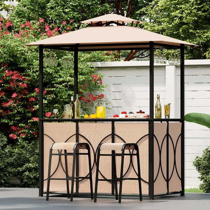 6.5 x 4 x 8 FT Grill Gazebo Set with 2 Bar Stools and Bar Table-Brown - Brown - Patio Bar Furniture
