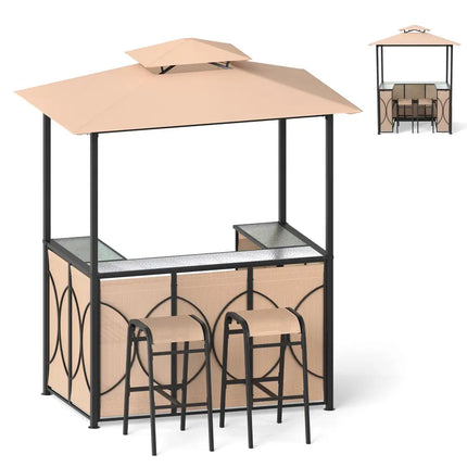 6.5 x 4 x 8 FT Grill Gazebo Set with 2 Bar Stools and Bar Table-Brown - Brown - Patio Bar Furniture