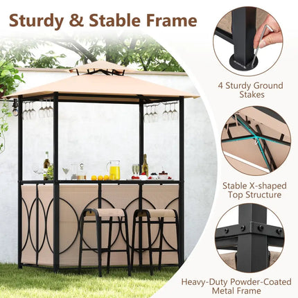 6.5 x 4 x 8 FT Grill Gazebo Set with 2 Bar Stools and Bar Table-Brown - Brown - Patio Bar Furniture